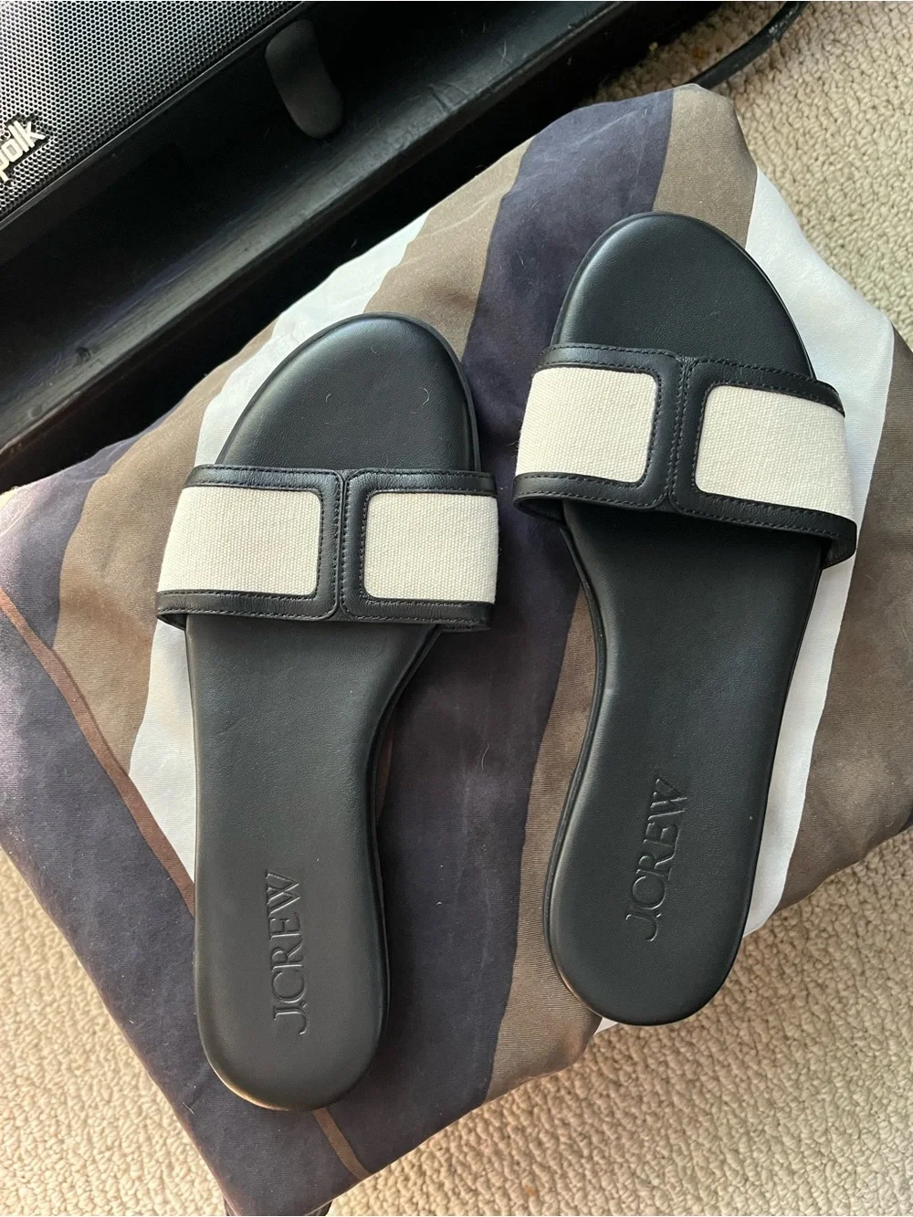 J. Crew Black and Cream Slide Sandals with Canvas Straps